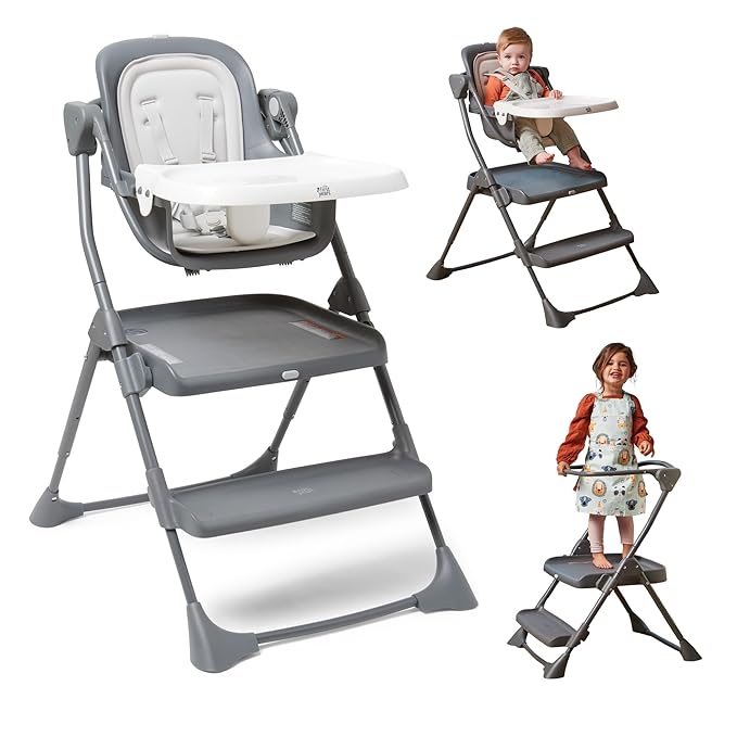 The First Years Foldable Toddler Tower and High Chair - 2-in-1 Baby High Chair and Toddler Step Stool - Adjustable Grow with Me Height - Folds Flat & Easy to Clean - Kids Stool with Non-Slip Surface