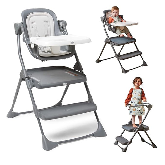 The First Years Foldable Toddler Tower and High Chair - 2-in-1 Baby High Chair and Toddler Step Stool - Adjustable Grow with Me Height - Folds Flat & Easy to Clean - Kids Stool with Non-Slip Surface