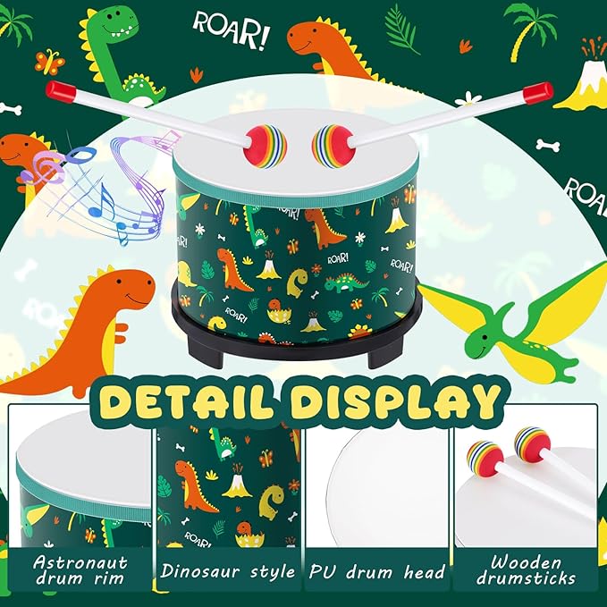 Boao Floor Tom Drum for Kids 8'' W x 6.5'' H Wooden Percussion Instrument Music Drum with 2 Rainbow Mallets Dinosaur Educational Toys for Baby Children Toddler Boy Girl Birthday Gift