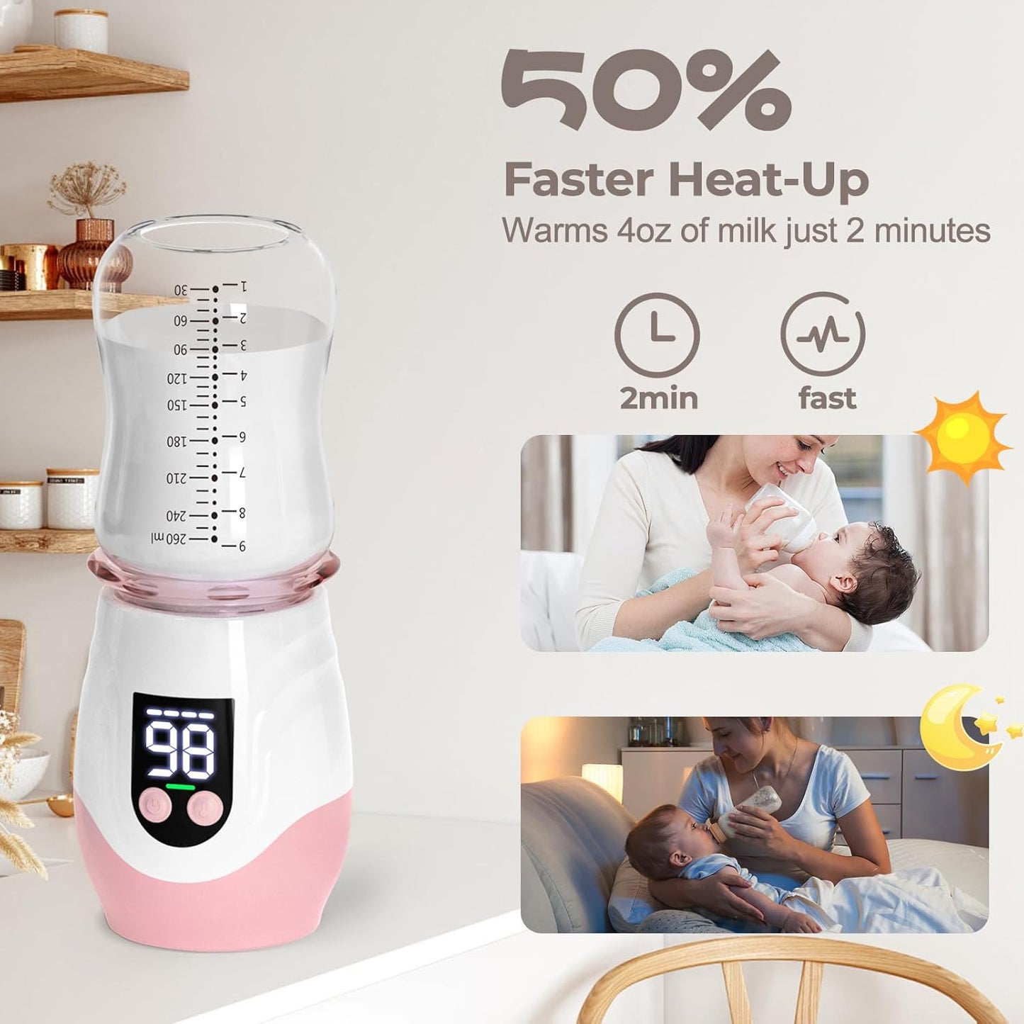 Portable Cordless Baby Bottle Warmer for Travel, Rechargeable with 8 Adapters & 1 Milk Powder Container, Safe Material, Fast Heating, Compatible with Major Brands,Pink