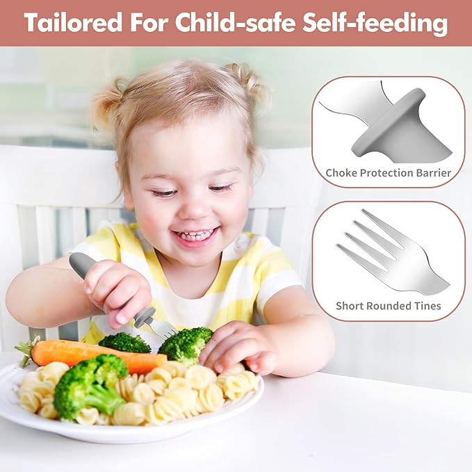 DRKIO 8 Pieces Toddler Forks Set - Baby Forks with Silicone Handle Children safe 18/8 Stainless Steel Toddler Utensils Set for Self Feeding Kids Silverware Anti-Choke Design Food Grade Dishwasher Safe