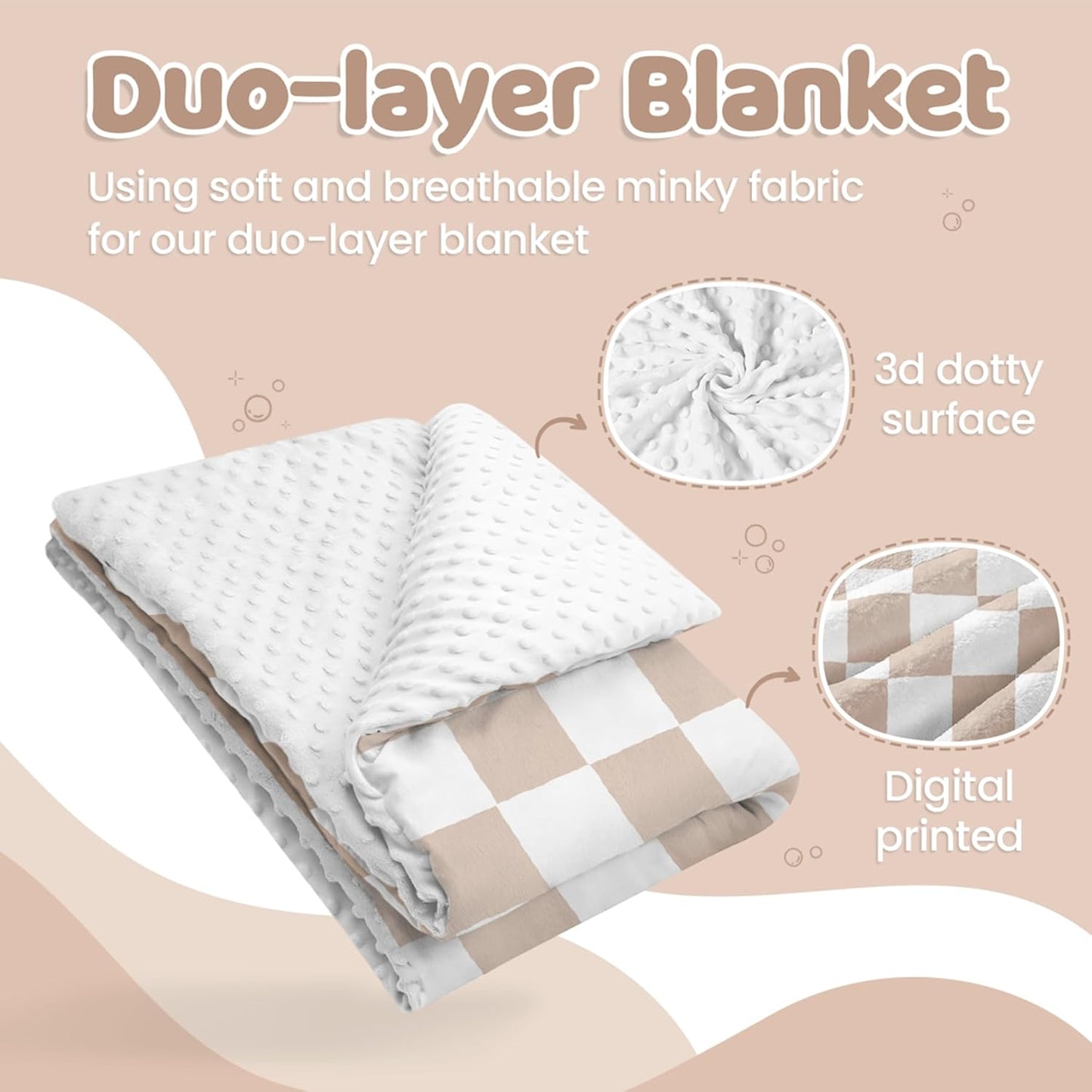 Checkered Minky Baby Blanket 30 x 40 Inches for Boys Girls, Soft Plush Receiving Blanket with Dotted Back, Gift for Toddler Newborn Infant Christmas Birthday Baby Shower