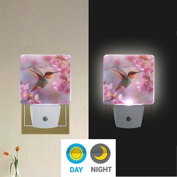 Aslsiy Night Light for Kids Hummingbird Hovering Near Blooming Cherry Flower Plug in Wall Lamp LED Dusk to Dawn Sensor Energy Saving Nightlight for Boys Girls Men Women