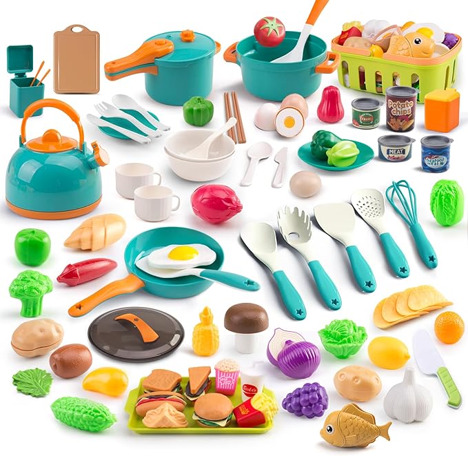 118Pcs Mini Play Kitchen Accessories for Kids, Pretend Cooking Playset with Cookware, Tableware & 2 Fruit Sets, Learning Gift for Girls, Boys, Toddlers, Green