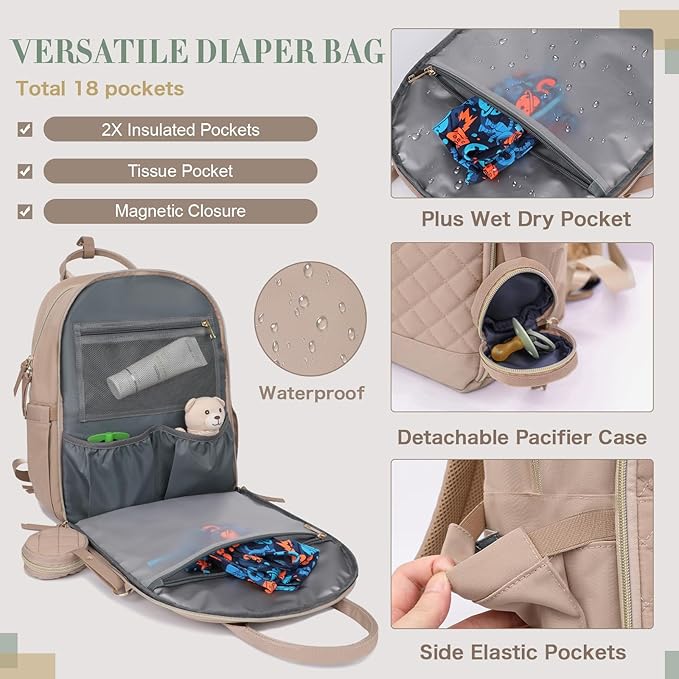 Diaper Bag Backpack, Baby Diaper Bag with 18 Pockets, Large Baby Bag Backpack for Girl Boy, Waterproof Diaper Bag with Changing Pad,Wet Dry Bag, Khaki