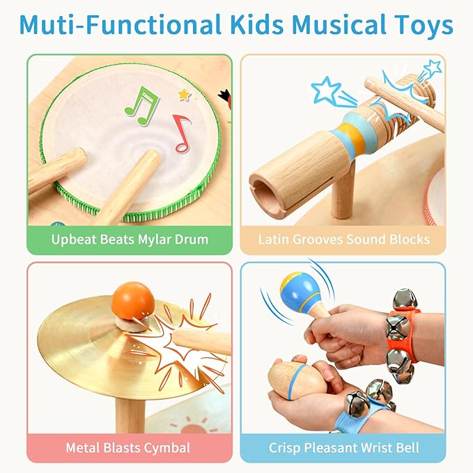 WINYGZ Toddler Drum Set – 11 in 1 Kids Musical Instruments with Resonant Drums, Cymbals, Maracas, Wrist Bells & More, Wooden Montessori Music Table for Ages 1-6