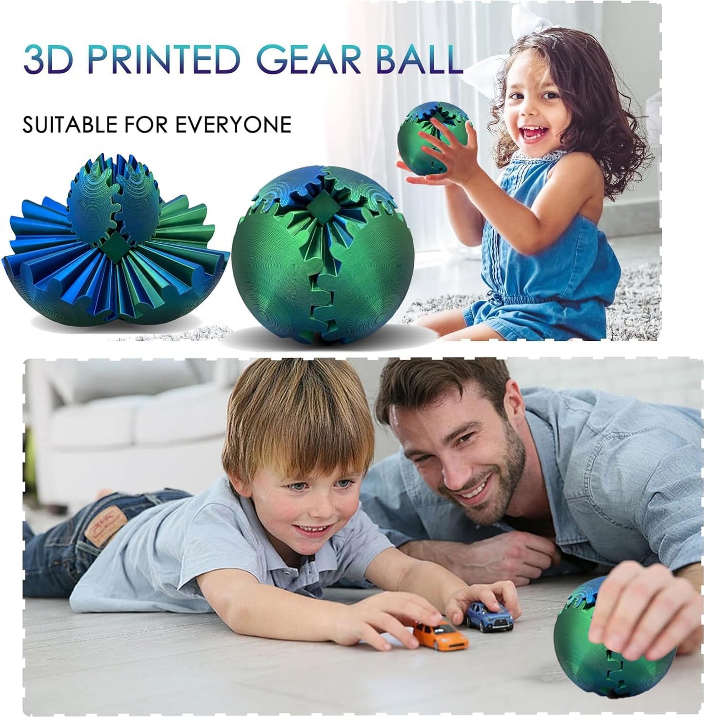 Gear Ball,Gear Sphere,3D Printed Gear Ball Gear Ball for Stress and Anxiety Relaxing Fidget Ball,3D Printed Work Fidget Toy,Activity Gear Ball for Adults & Kids (Green+Blue)