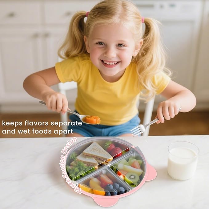 Stainless Steel Kids Plate with Suction Set of 4, 9″ Toddler Divided Plates with Removable Non Slip Silicone Sleeves, Dishwasher Safe Dinnerware, Light Pink, Baby Blue, Avocado Green, Beige