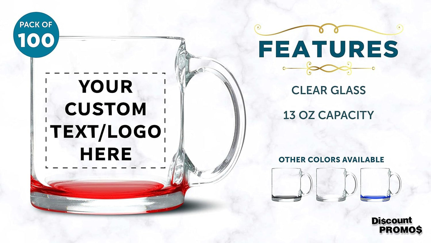 Custom Libbey Clear Glass Coffee Mugs 13 oz. Set of 100, Personalized Bulk Pack - Perfect for Coffee, Tea, Espresso, Hot Cocoa, Other Beverages - Red Bottom