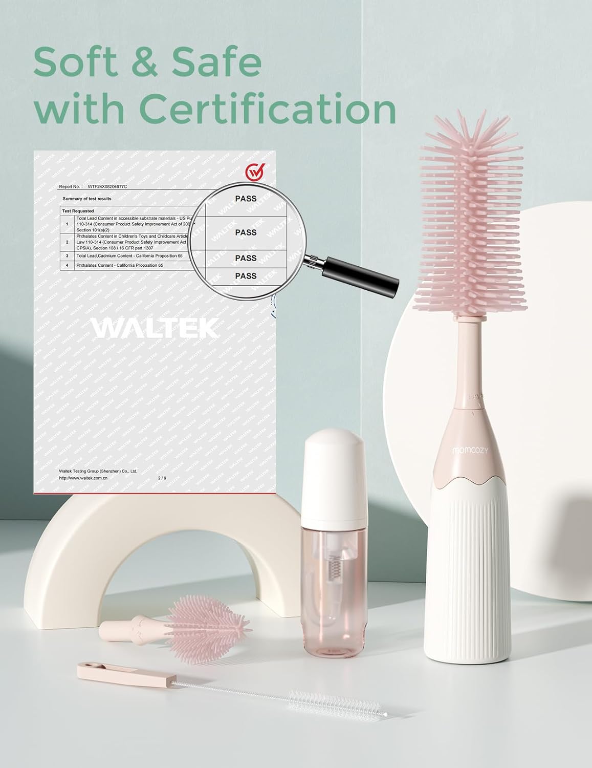 Momcozy Bottle Brush Kit, Innovative Push-Press Design for Better Cleaning - Baby Bottle Cleaner Brush for Baby Bottle, Breast Pumps, Nipples, and More - Can Generate Foam for Better Cleaning, Pink