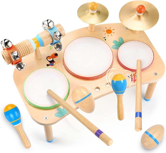 WINYGZ Toddler Drum Set – 11 in 1 Kids Musical Instruments with Resonant Drums, Cymbals, Maracas, Wrist Bells & More, Wooden Montessori Music Table for Ages 1-6