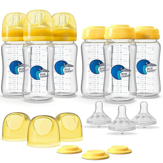 Multipurpose Anti-Colic Glass Baby Bottles with Slow Flow and Natural Flow Nipples, Breast Milk Collection and Storage Bottles, Wide-Neck Breast Pumps Compatible, 6-Pack (8oz)