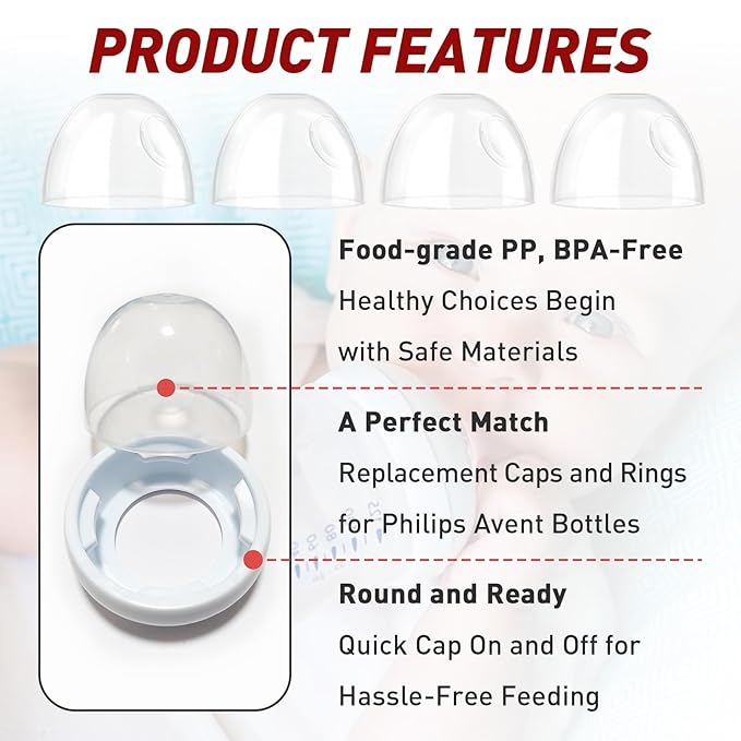 4-Pack Baby Bottle Caps for Philips Avent Natural Bottles, Baby Bottle Lids, Baby Bottle Nipple Caps for Avent Natural Plastic and Glass Bottles