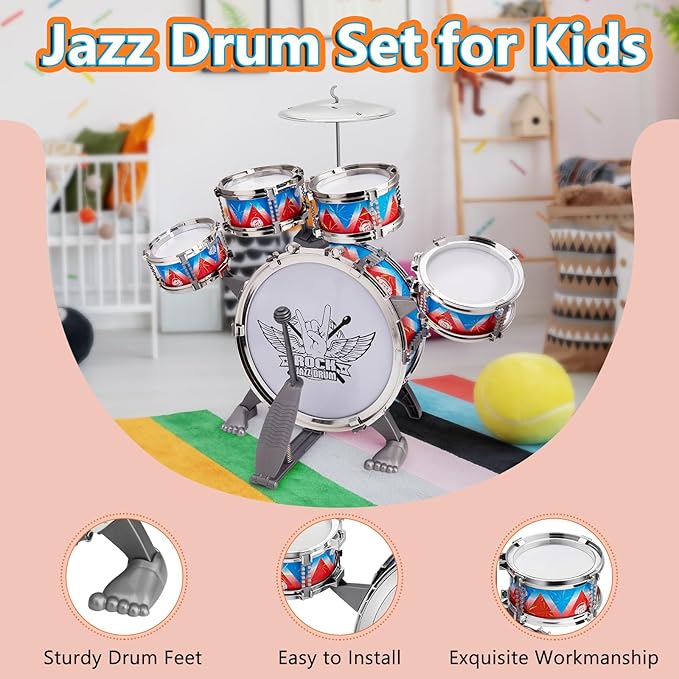 Toddlers Drum Set Kids Jazz Band Rock Kit for 3-5 Years Old Perfect Birthday Xmas Gift - Early Learning Musical Toy Set with Easy Assembly