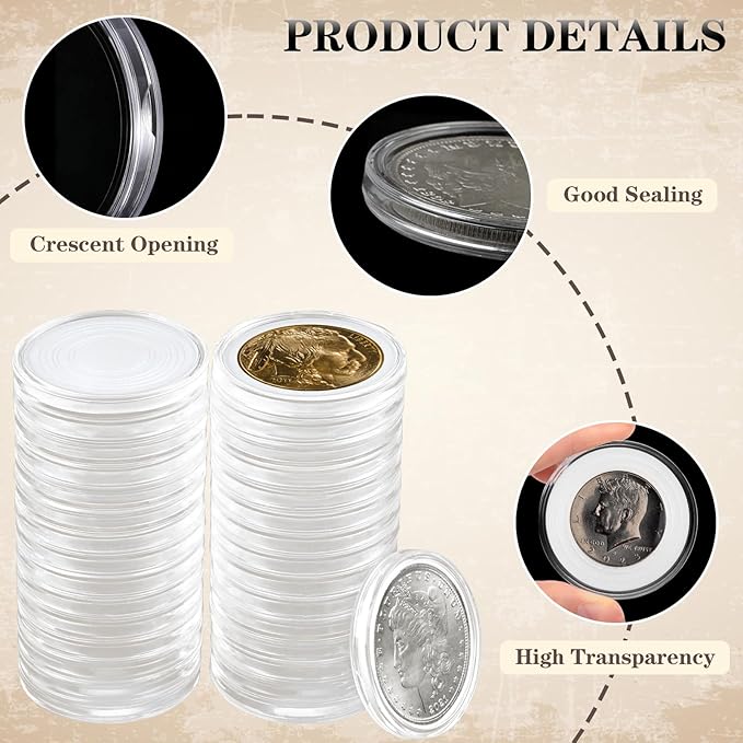 100PCS Silver Dollar Coin Holder, Clear Coin Capsules, Coin Holders for Collectors, Plastic Coin Case for Morgan Silver Dollar, Coin Protectors with Adjustable Gasket (17/20/25/27/30/33/38/40mm)