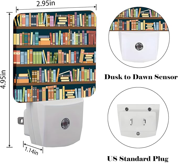 Bookshelves Full of Books Night Light,Plug-in Night Lights with Dusk to Dawn Sensor for Stairway,Hallway,Bedroom Sleep Friendly Ideal for Women/Girls/Boys Gift,0.5w