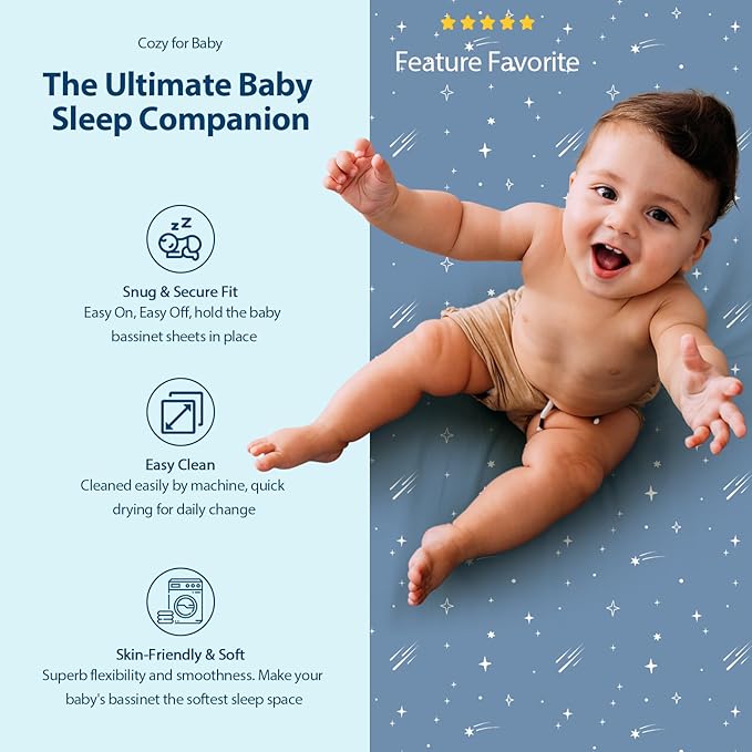 Baby Bassinet Sheets Girl Boy, Fitted Bassinet Sheet Set 3 Pack Bassinet Mattress Sheets Universal Fit for Rectangle, Round, Oval, Hourglass Mattress, Soft Breathable Blue Gray Planet