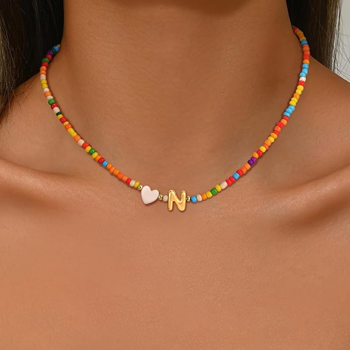 Colorful Initial Necklaces for Girls Women, 14K Gold Plated Bubble Initial Pendant Heart Shell Necklace Jewelry Christmas Gifts for Teen Girls Kids