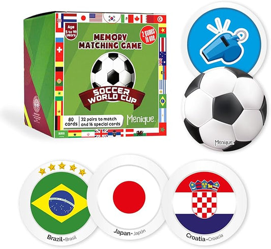 Menique Soccer World Cup Memory Matching Game – 79 Cards (32 Country Pairs + 15 Action Cards) – 2 Games in 1: Flags + Penalty Challenge – Bilingual Educational Game for Kids and Adults