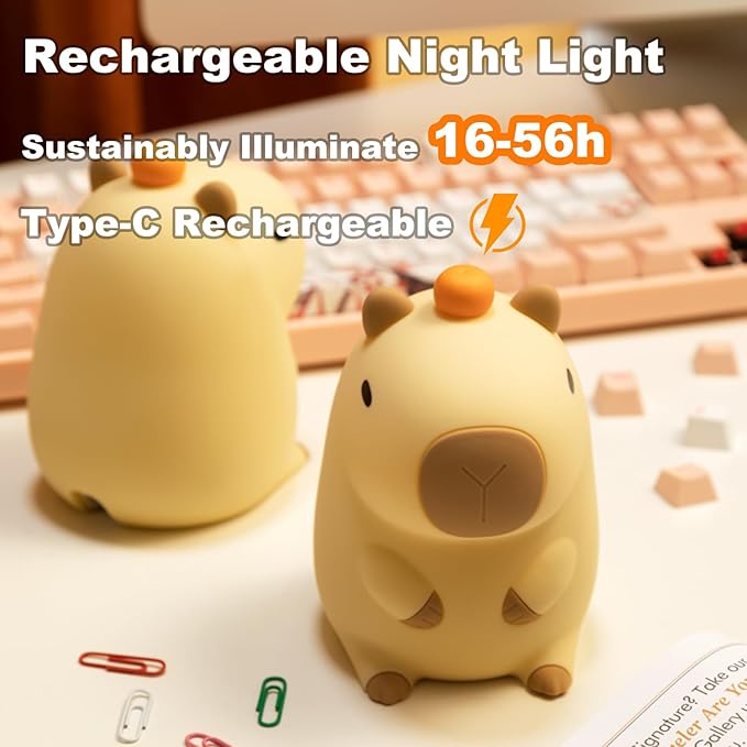 ShopHar Capybara Night Light, Cute Adorable Animal Nursery LED Night Lamp, USB Rechargeable Timing Dimming Sleep Table Lamp with Touch Sensor for Bedrooms, Living Room