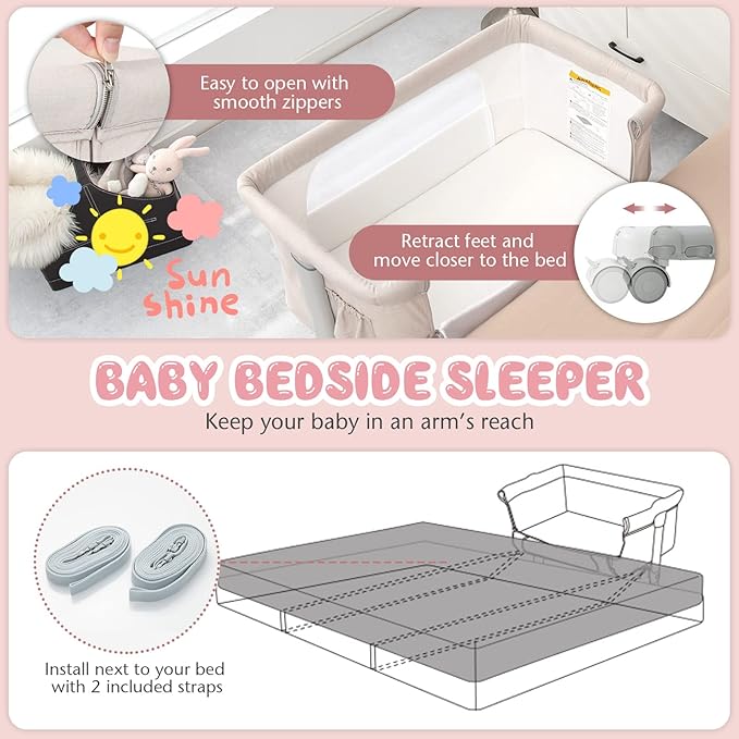 BABY JOY Bassinet Bedside Sleeper, 3 in 1 Folding Crib w/Adjustable Height, Mattress, Lockable Wheels, Storage Pocket & Carry Bag for Infant Newborn, Stationary & Rock, Portable Baby Bassinet (Beige)