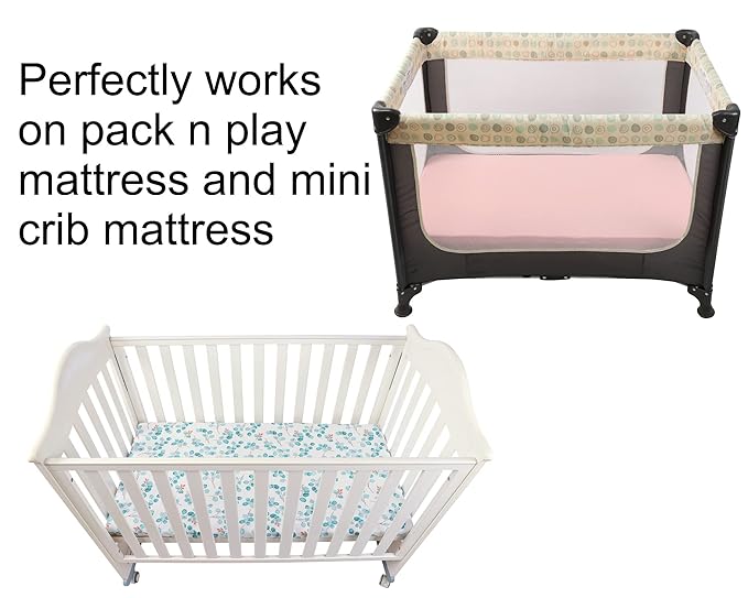 Onacosht Pack n Play Sheets 2 Pack for Baby Girl, Stretchy Jersey Knitted Playard Fitted Sheets Portable Mini Crib Mattress Cover, Watercolor Green Leaf and Plain Pink