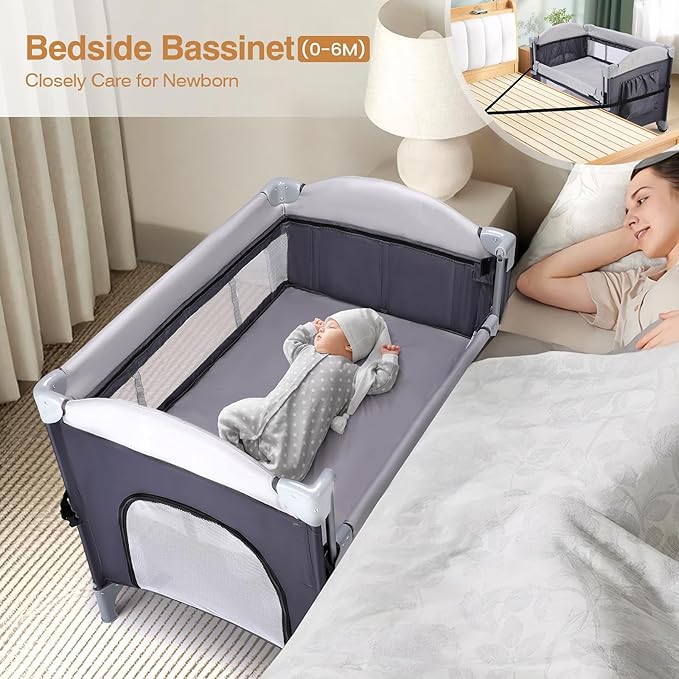 JOYMOR 4 in 1 Pack and Play, Baby Bedside Bassinet, Sturdy Play Yard with Padded Mat and Toy bar with Soft Toys