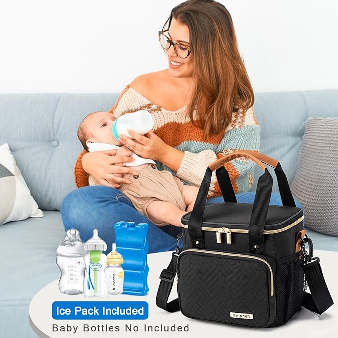 Breastmilk Cooler Bag with Ice Pack Fits 6 Baby Bottles up to 9 Ounce, Breast Milk Pump Cooler Bag for Nursing Mom Daycare, Work, Travel-Black