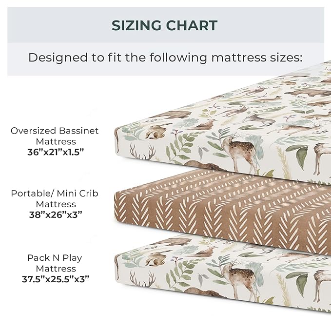 Pobibaby - 2 Pack Premium Pack N Play Sheets Fitted for Standard Pack and Plays and Mini Cribs - Ultra-Soft Cotton Blend, Stylish Woodland Pattern, Safe and Snug for Baby (Wildlife)