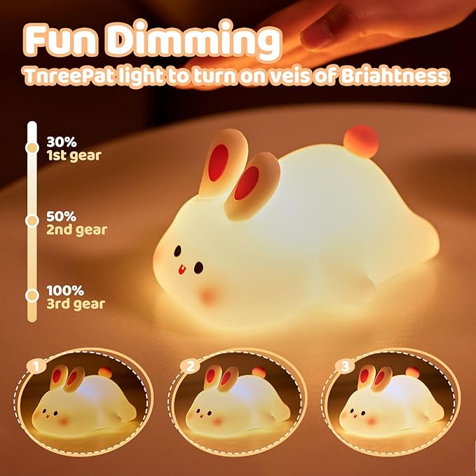 Big Face Rabbit Silicone Night Light for People - Squishy Bunny LED Lamp with Soft Touch, USB Rechargeable & Touch Control - Cute Decorative Bunny Light for Room.