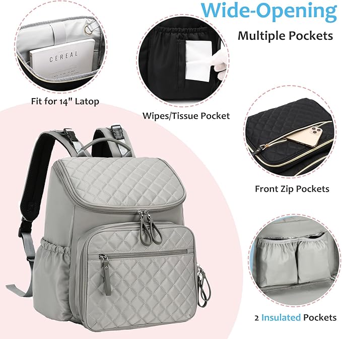 Large Capacity Diaper Bag Backpack with Stroller Buckle, Water-Resistant Travel Baby Bag with Insulated Pockets (Classic, Grey)