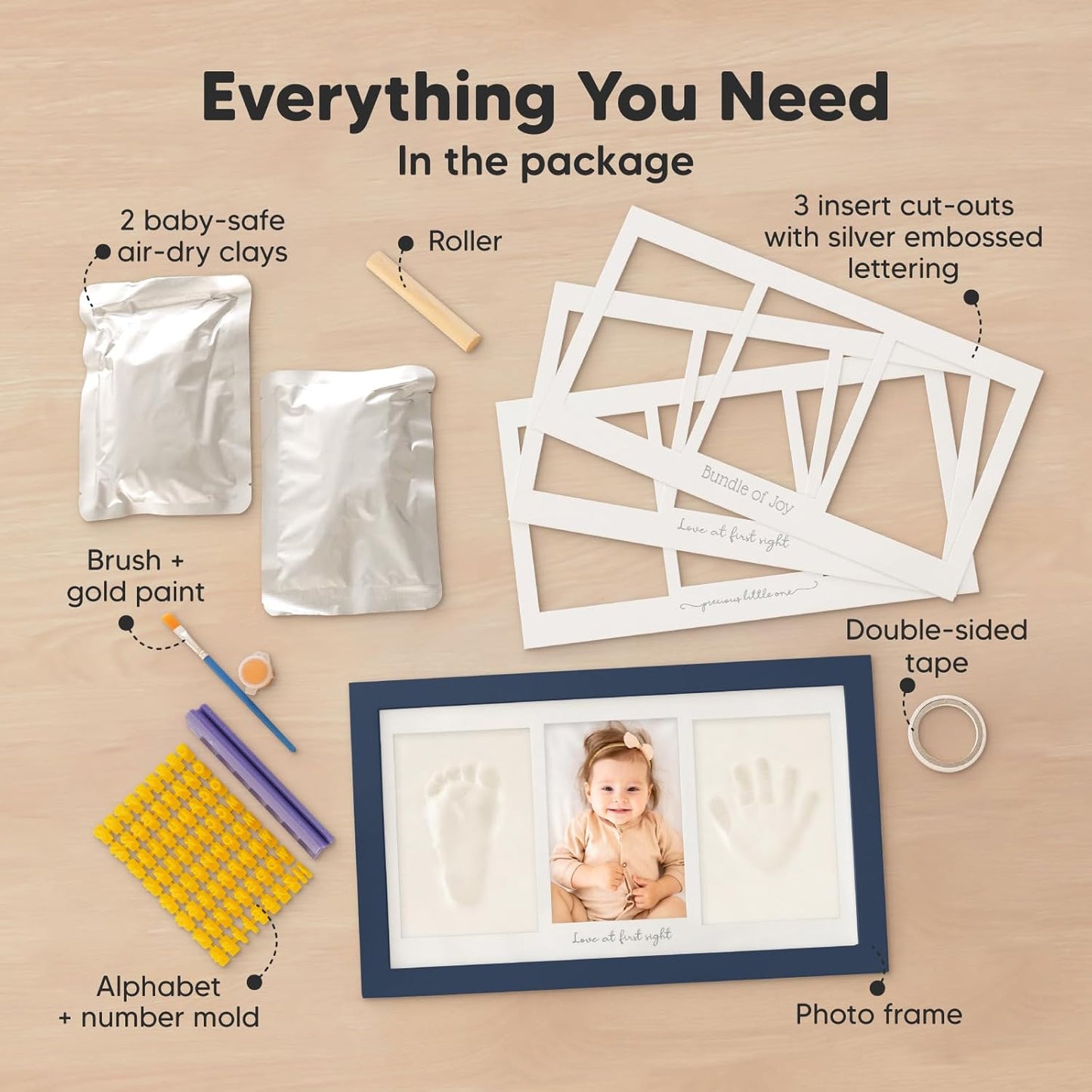 Baby Hand and Footprint Kit - Clay Handprint Keepsake Frame, Newborn Nursery Picture Frame, Personalized New Mom Gifts for Baby Shower & Registry (Midnight Blue)