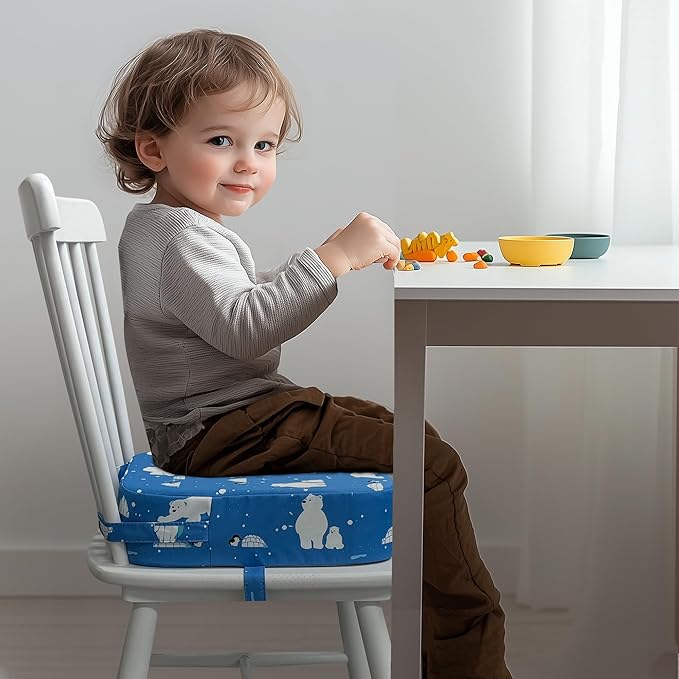 Toddler Booster Seat for Kitchen Chair, 3.5" Oxford Foam Cushion, Non-Slip Base, Adjustable Straps, Portable Dining Booster for Self-Feeding Toddlers at Home or on The Go (Polar Bear)
