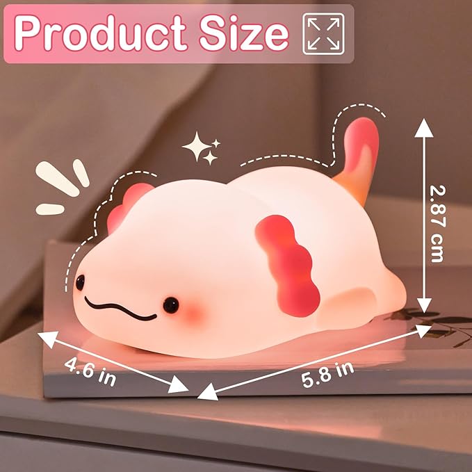 Axolotl Night Light for Kids, Rechargeable Cute Squishy lamp - Silicone Adorable Christmas Axolotl Gifts for Kids - Nightlight Nursery Animal Touch Light - Bedroom Decor for Boy, Girls