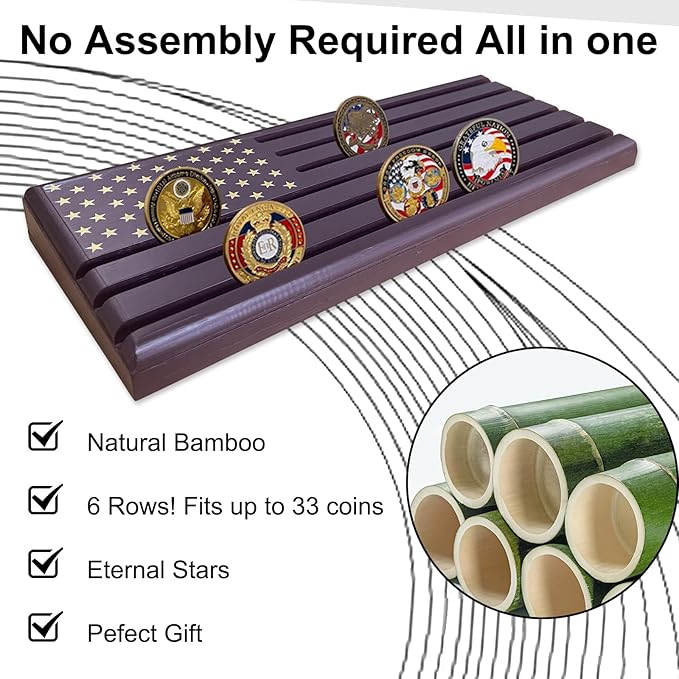 6-Row Military Challenge Coin Display Stand - Challenge Coin Holder with Rustic, Coin Holders for Collectors Organize Medals & Memorabilia - Coin Holder for Home, Office, Showcase (Holds 30-36 Coins, American Flag ) (Brown)