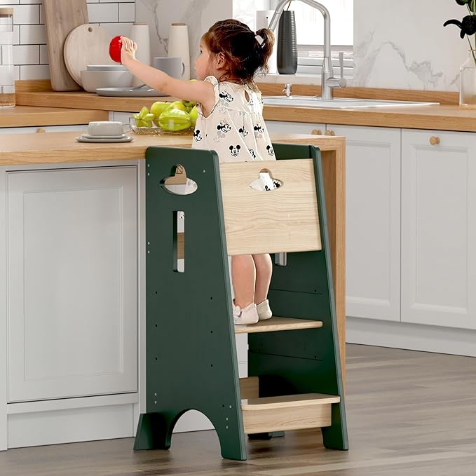 COSYLAND Toddler Standing Tower Adjustable Height - Super Stable Toddler Kitchen Stool Helper - 3 Levels Adjustable Wooden Kids Kitchen Stool (Natural & Green)