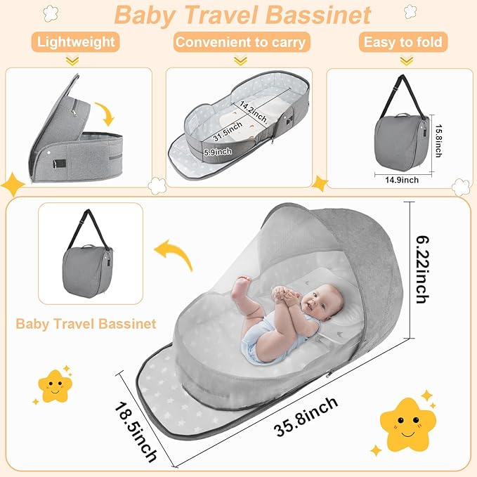 Portable Bassinet for Baby Travel & Home - Lightweight Foldable Bedside Sleeper with Breathable Mesh, Carry Bag & Storage Pocket, Compact Bassinets for Newborn Infant, Safe Cosleeping Design