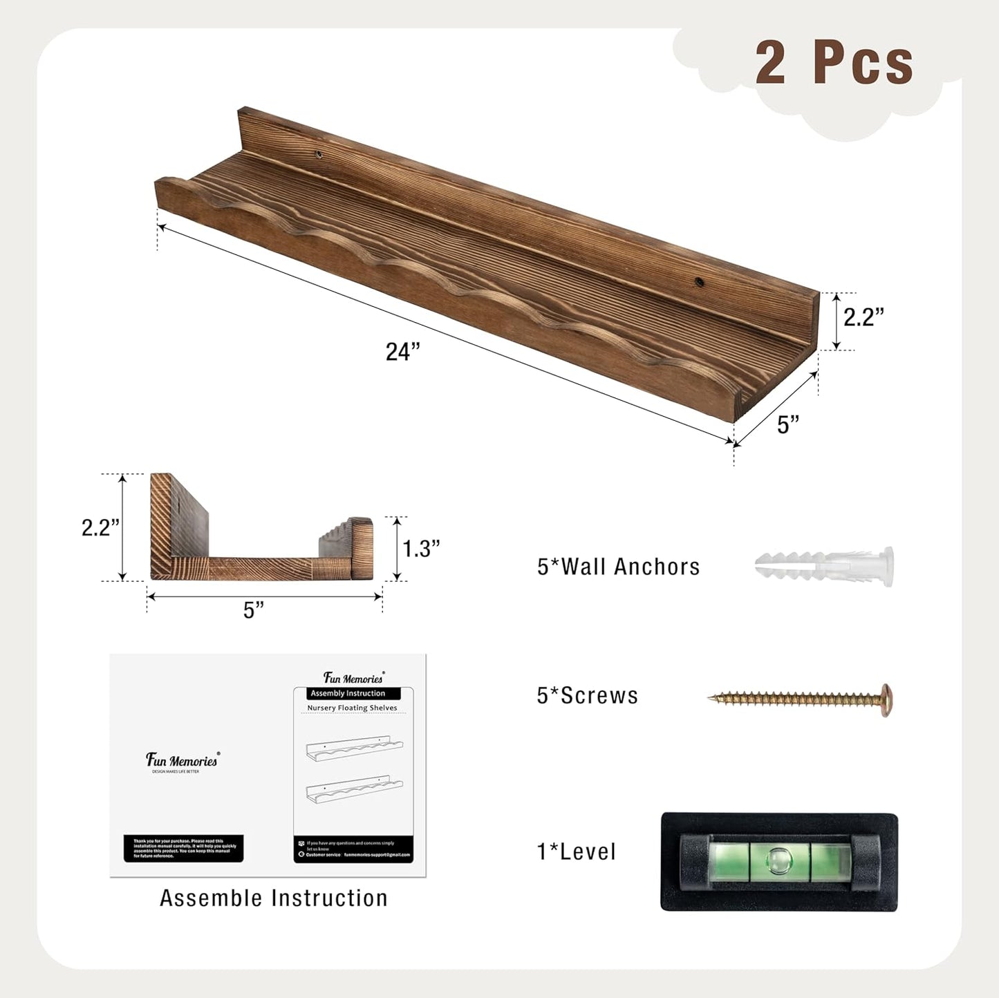 Fun Memories Picture Ledge Shelf for Wall, 24 inch Pine Wood Nursery Book Shelves Set of 2- Wall Book Shelves for Kids Room, Home Decor - Kitchen Spice-Carbonized