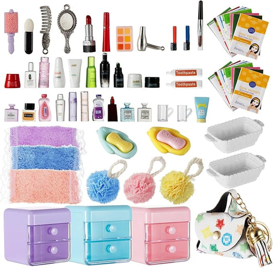 72Pcs Dollhouse Mini Jewelry Storage Case Handbag Towel Cosmetic Set Bathroom Acessories Toothbrush Shampoo Perfume Hair Dryer Comb Purse Decor DIY Doll Backpack Girl Micro Scene