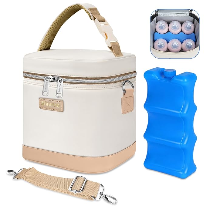 Mancro Insulated Baby Bottle Cooler Bag with Ice Pack, Breastmilk Storage Tote Fits 6 x 9oz Bottles, Waterproof Bottle Bag Companion for Breastfeeding Moms，Cream & Light Brown
