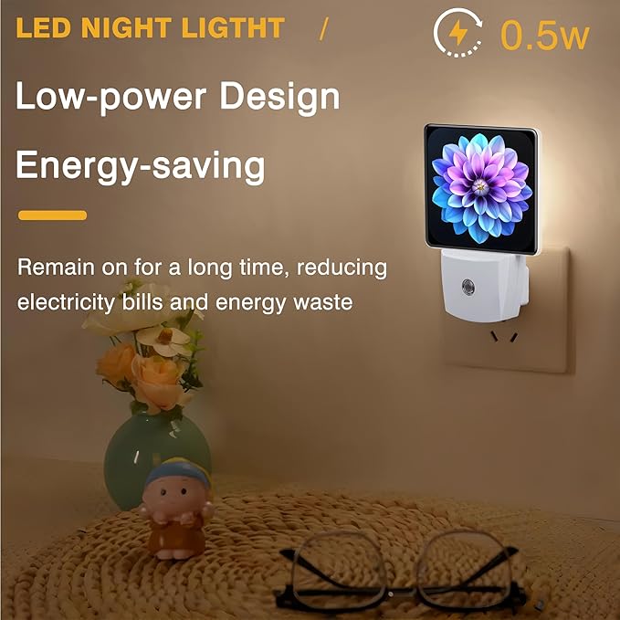Night Light Purple and Blue Dahlia Flower Night Lights Plug into Wall Smart Dusk to Dawn Sensor 0.5W Energy Efficient Led Lamp for Men Women Bedroom Bathroom Hallway Stairway Decor