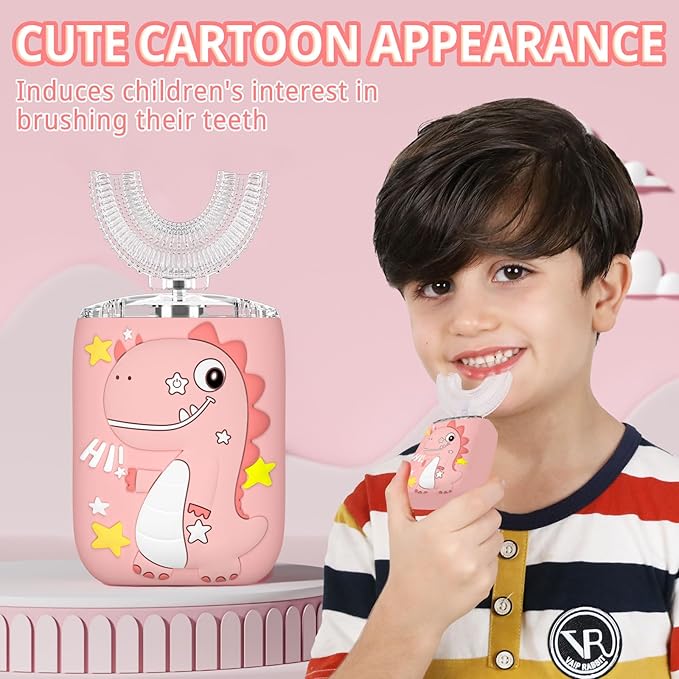 Kids Electric U Shaped Toothbrush,Kids Sonic Full Mouth Toothbrush with 4 Soft Brush Head Automatic Rechargeable 6 Cleaning Modes IPX7 Waterproof 360 Degree Cleaning - Age8-15 Pink