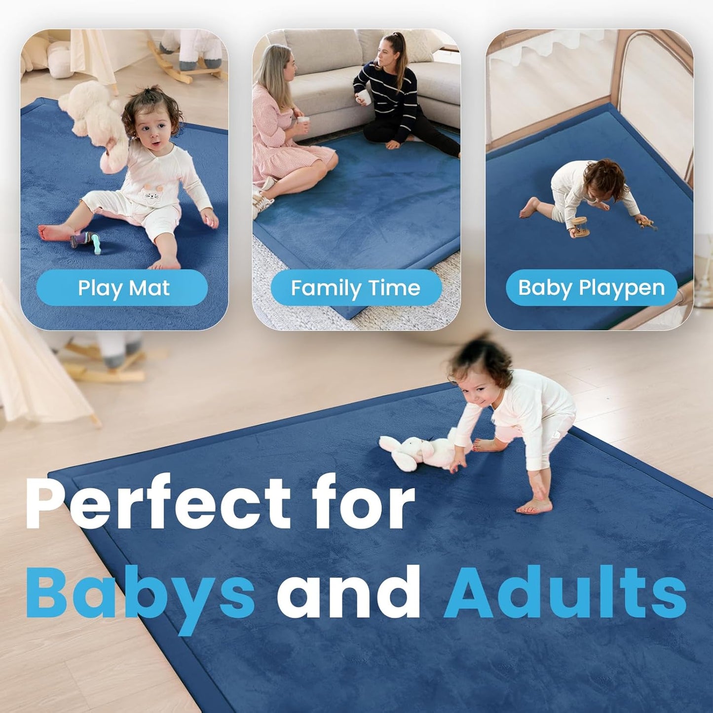 Ultra Soft Baby Play Mat,79"×79" Extra Large Activity Tummy Time Mat for Toddlers,Infants,Kids,1.3" Thick Elasti-Foam Nursery Rug for Floor,Non-Slip Safe for Crawling,Water-Repellent(Royal Blue)