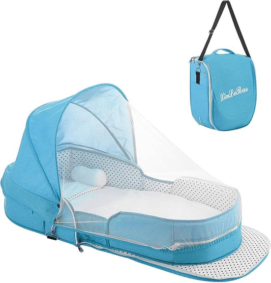 Baby Travel Bassinet Portable Bassinets, Foldable Converts to Backpack for Travel, Lightweight Travel Baby Lounger with 2-1 Mosquito & Canopy (Blue)