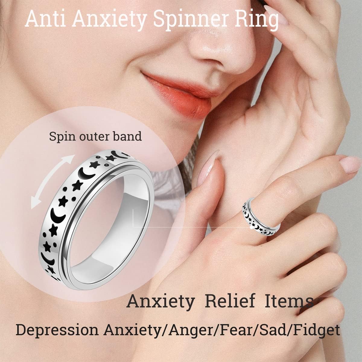 OreilleStar Anxiety Ring for Women Fidget Ring Anxiety Relief Items Spinner Rings for Anxiety Silver Moon Star Fidget Rings for Women men Anxiety Band Ring