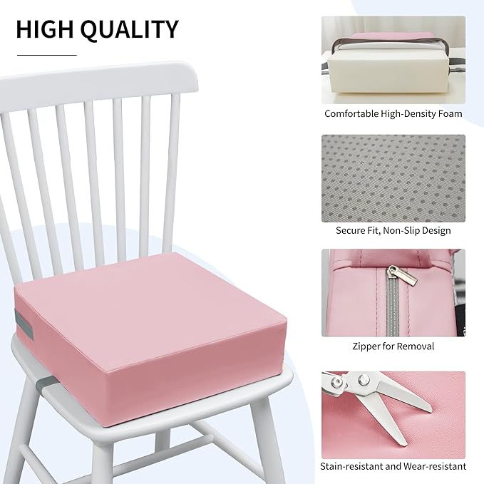 Toddler Booster Seat for Dining Table, 2 Elastic Seat Belts, Anti Scratch PU Skin-Friendly, Waterproof, Anti-Wrinkle, Detachable Non-Slip Bottom - Pink