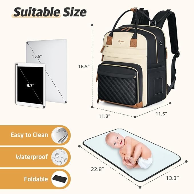 Diaper Bag Backpack - Extra Large Diaper Bag for 2 Kids Twin, Travel Baby Bags for Mom Dad 25-37L Expandable with Changing Pad Earphone Hole, Apricot Black