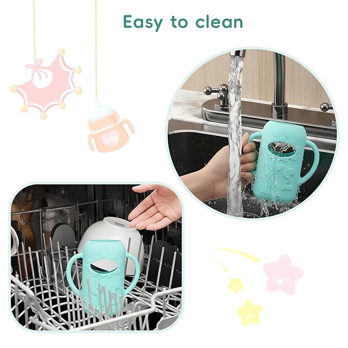 3-Pack Silicone Bottle Sleeve with Handles for Dr. Brown’s 4oz Narrow Glass Baby Bottles – BPA-Free, Heat-Resistant, Anti-Slip Grip, Easy to Clean, Multiple Colors (4oz,Green + Blue + Gray)