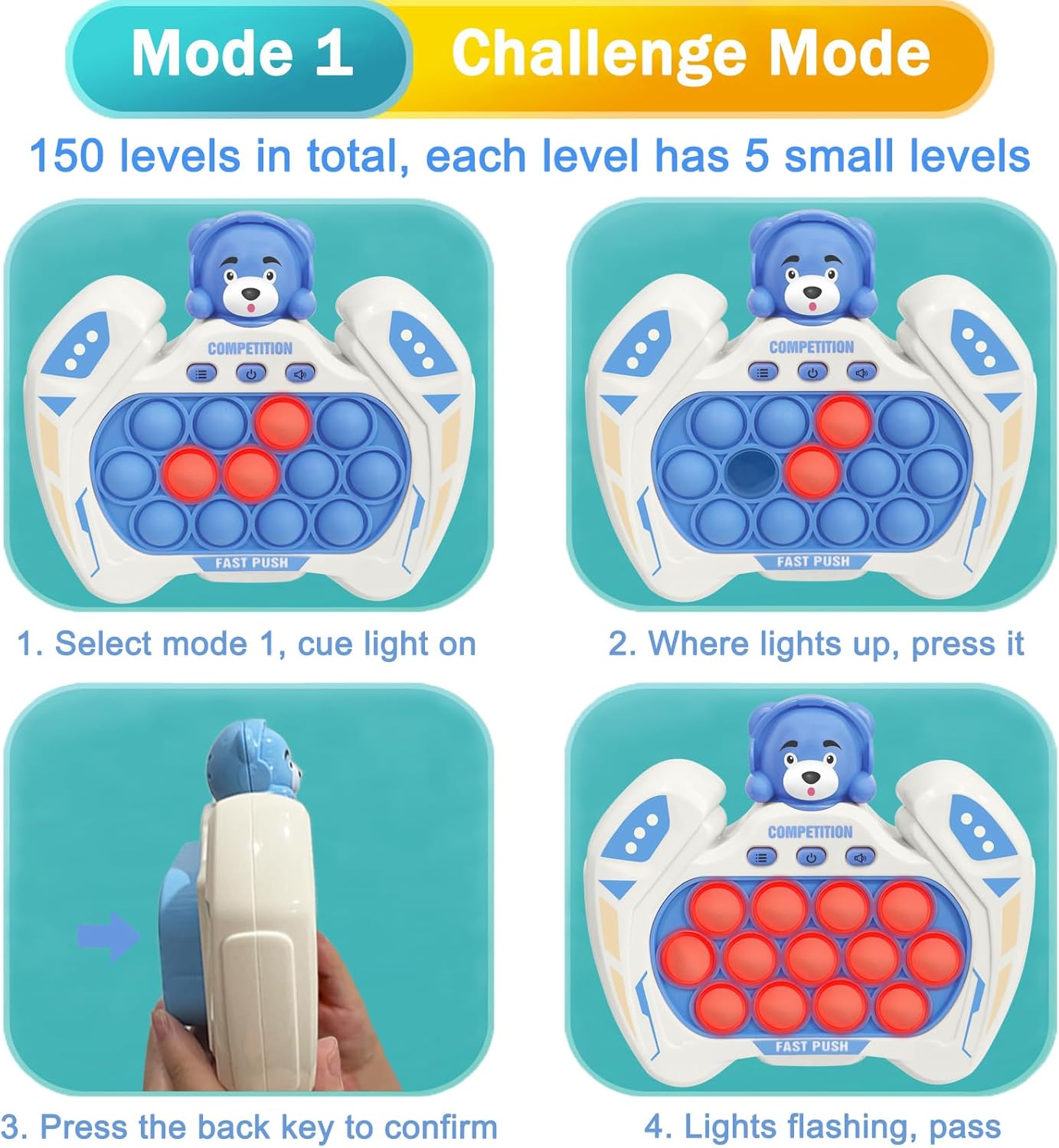 Pop Quick Push Game Console Fidget Toys Light Up Handheld Puzzle Press Popping Toy for Kids Adult Blue Bear