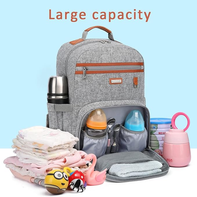 Diaper Bag Backpack, Large Baby Nappy Bags with Portable Changing Pad for Boys and GirlsMultifunction Travel Baby Bag for Moms Dads, Shower Gifts Waterproof and Stylish，Grey